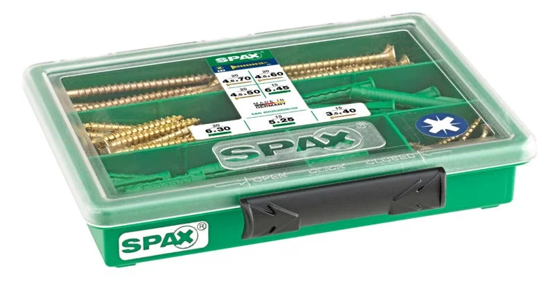 SPAX Sortiment klein, Schrauben-Set mit 4 Abmessungen + Dübel, 130 Stück, Senkkopf, Kreuzschlitz Z, YELLOX