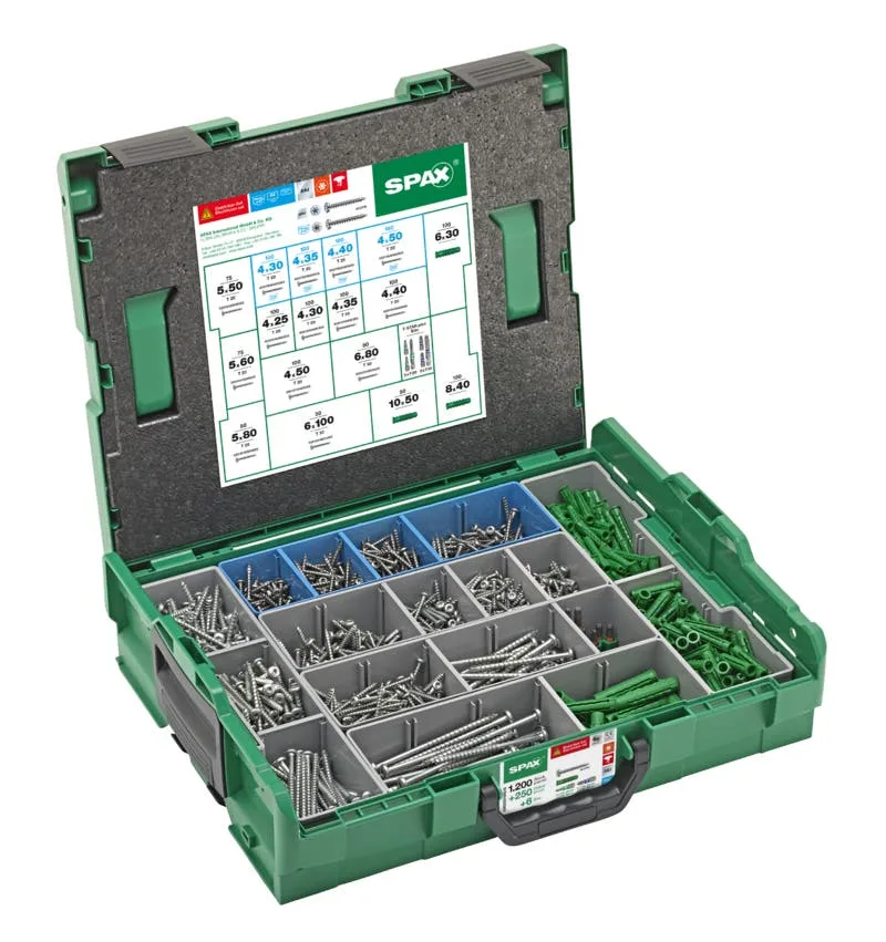 SPAX Elektriker Montagekoffer groß, T-STAR plus, 1.200 SPAX Halbrundkopf + 250 Dübel + 6 Bits in L-BOXX