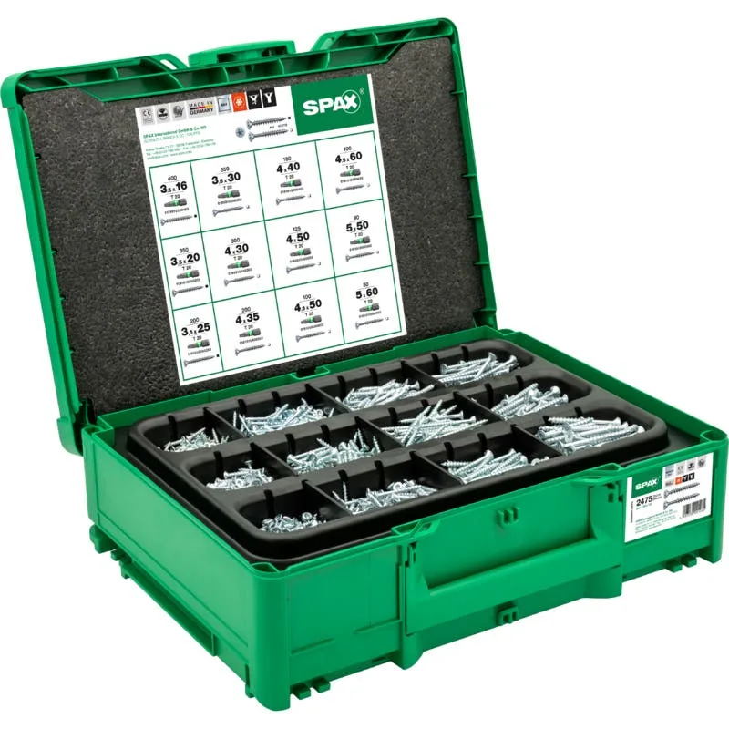 SPAX Box Systainer³ T-Loc , Schraubenset mit 12 Abmessungen, 2475 Schrauben + 5 Bits, Senkkopf, T-STAR  plus, 4CUT, WIROX