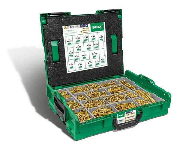 SPAX Montagekoffer L-BOXX, 1 Stück, Schraubenset mit 17 Abmessungen, Senkkopf, Kreuzschlitz Z, 4CUT, YELLOX