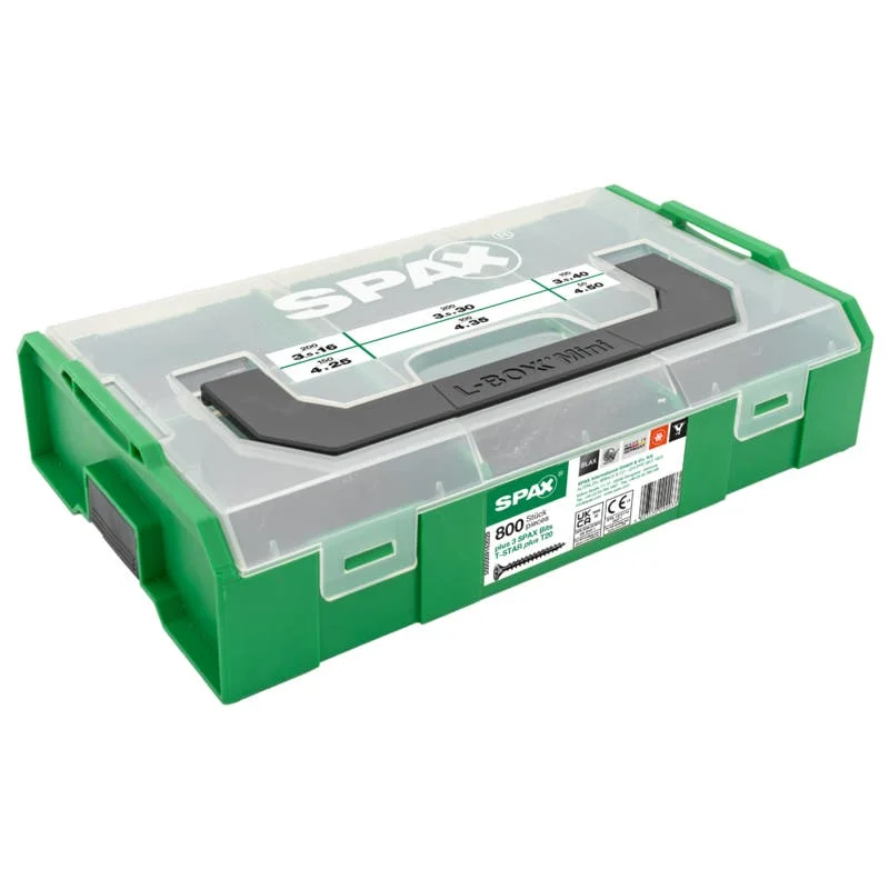 SPAX Montagekasten L-BOXX Mini, Schraubenset mit 6 Abmessungen, 803 Stück inkl. 3 SPAX BITs T20, Senkkopf, T-STAR plus, 4CUT, BLAX