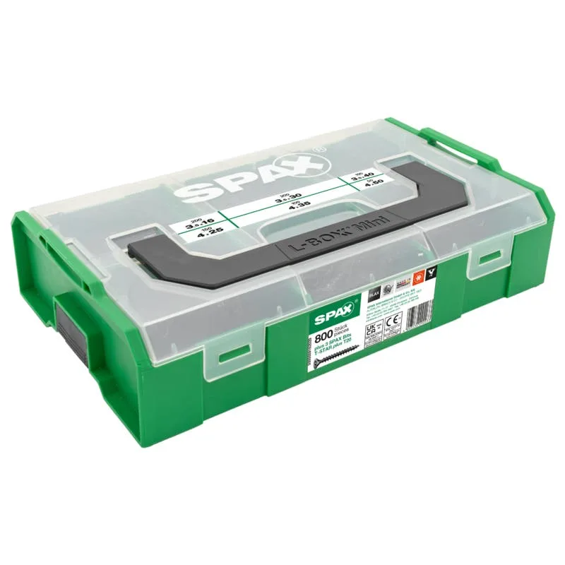 SPAX Montagekasten L-BOXX Mini, Schraubenset mit 6 Abmessungen, 803 Stück inkl. 3 SPAX BITs T20, Senkkopf, T-STAR plus, 4CUT, BLAX
