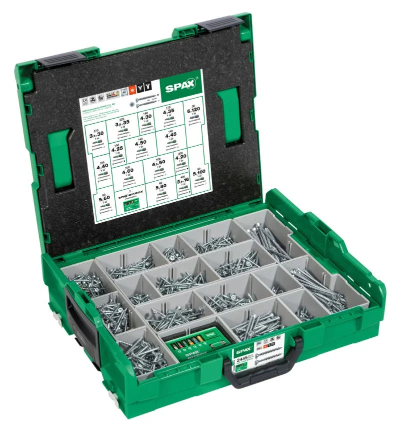 SPAX Montagekoffer L-BOXX, 1 Stück, Schraubenset mit 16 Abmessungen, Senkkopf, T-STAR plus, 4CUT, WIROX