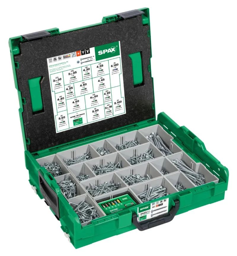 SPAX Montagekoffer L-BOXX, 1 Stück, Schraubenset mit 16 Abmessungen, Senkkopf, T-STAR plus, 4CUT, WIROX