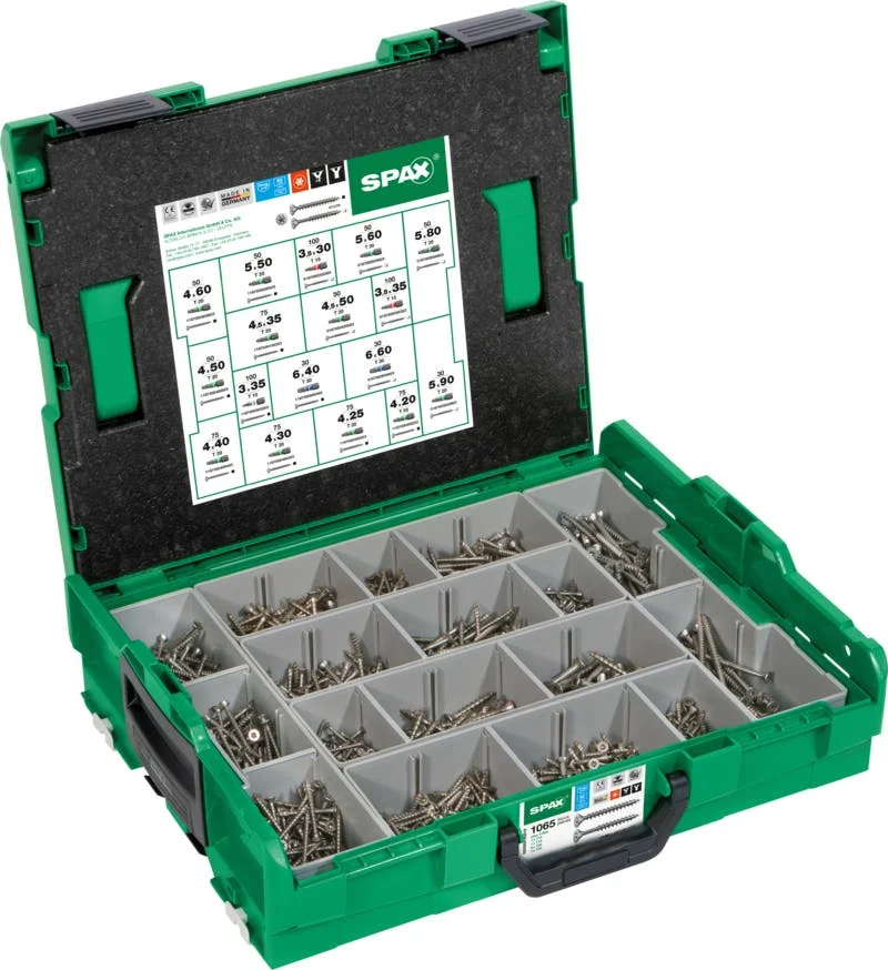 SPAX Montagekoffer L-BOXX, 1 Stück, Schraubenset mit 17 Abmessungen, Senkkopf, T-STAR plus, 4CUT, Edelstahl A2